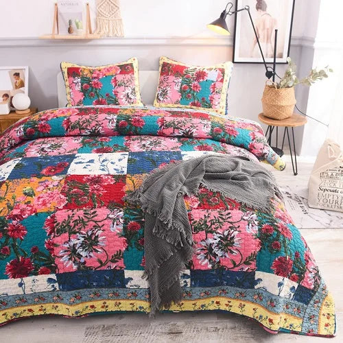 Florals Printed Quilt Set 3PCS Bedspread on the Bed Quilted Cotton Blanket for Bed Covers Shams Queen Size Summer Coverlets - AliExpress 15