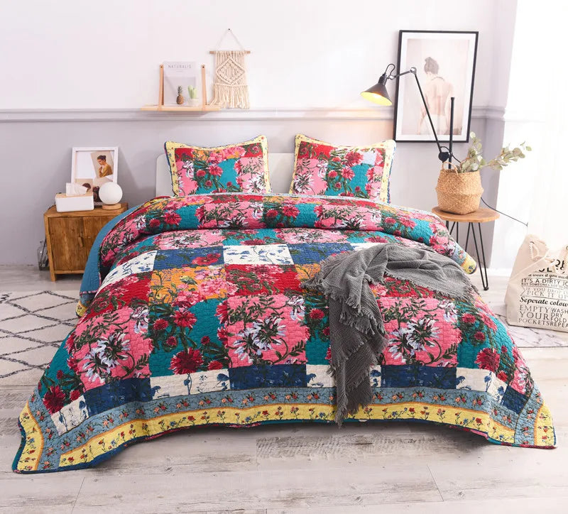 Florals Printed Quilt Set 3PCS Bedspread on the Bed Quilted Cotton Blanket for Bed Covers Shams Queen Size Summer Coverlets - AliExpress 15