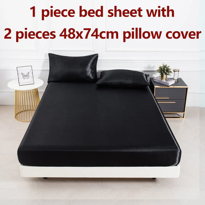3pc Solid Color Fitted Sheet Set 1 bed sheet with 2 pillow cover Satin Fabric Soft Comfortable Breathble Bedding Set for Bedroom - AliExpress 15