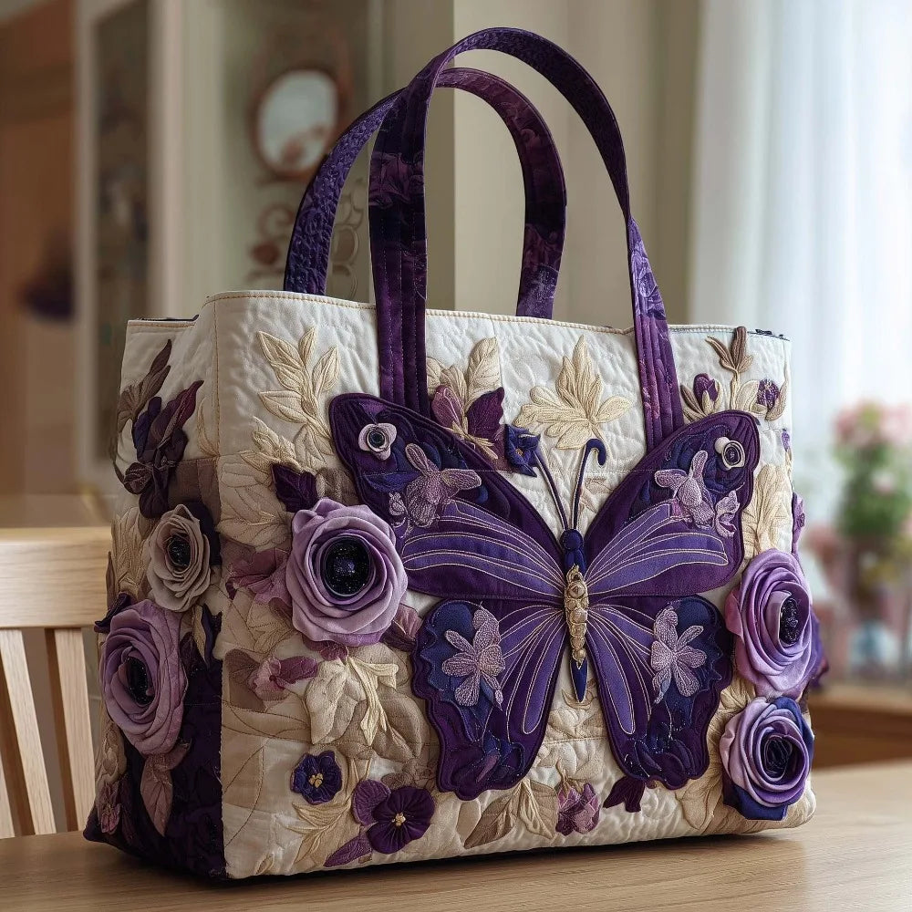Butterfly Patterns Women Quilted Tote Bag Vintage Lightweight Travel Handbag Large Capacity 3D Printed Patterns Shopping Bag