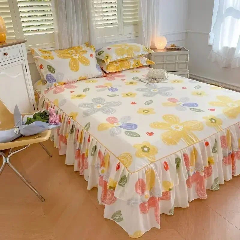 Floral Pattern Bed Skirt Set Mattress Anti Slip Protective Cover for Household Bedding Double Layered Skirt Dustproof Bed Covers - AliExpress 15