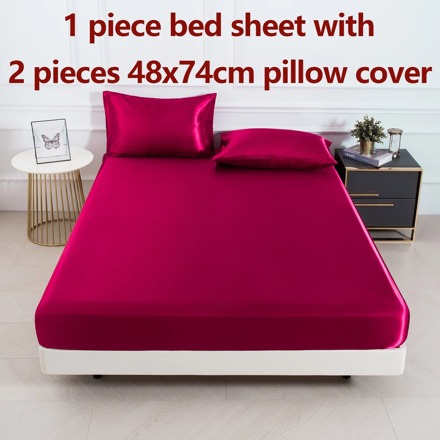 3pc Solid Color Fitted Sheet Set 1 bed sheet with 2 pillow cover Satin Fabric Soft Comfortable Breathble Bedding Set for Bedroom - AliExpress 15