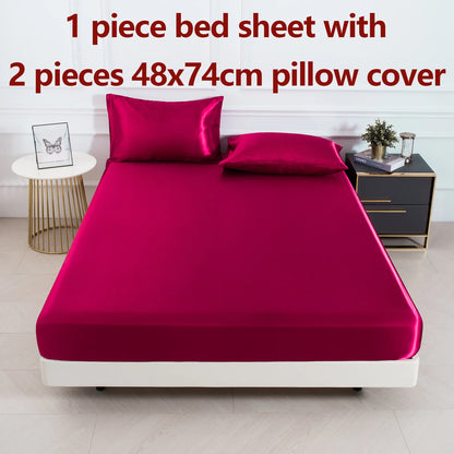 3pc Solid Color Fitted Sheet Set 1 bed sheet with 2 pillow cover Satin Fabric Soft Comfortable Breathble Bedding Set for Bedroom - AliExpress 15