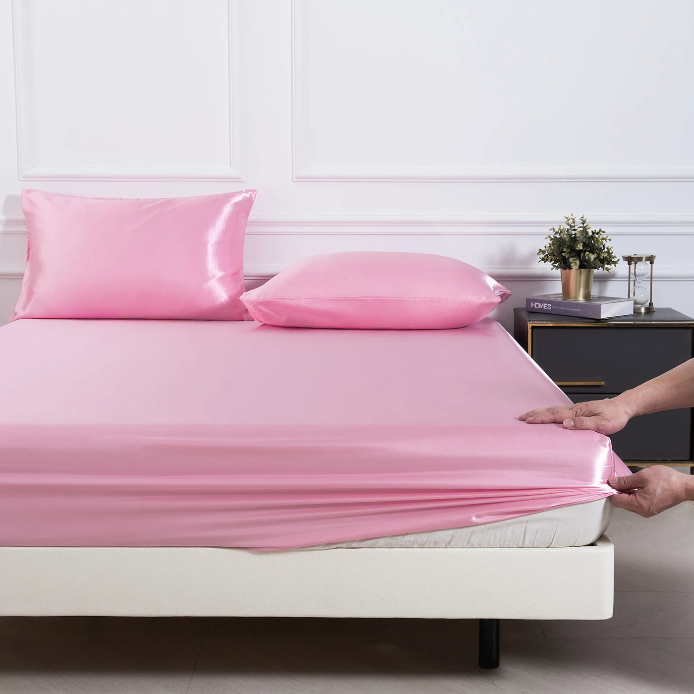 3pc Solid Color Fitted Sheet Set 1 bed sheet with 2 pillow cover Satin Fabric Soft Comfortable Breathble Bedding Set for Bedroom - AliExpress 15