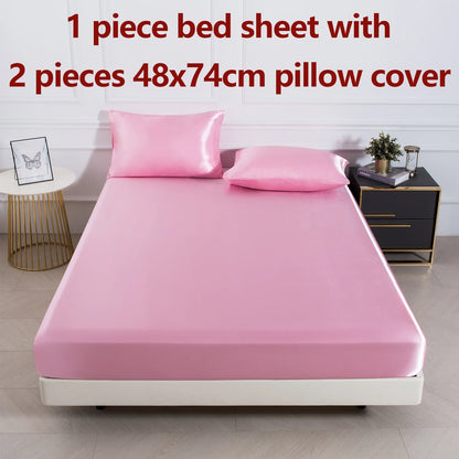3pc Solid Color Fitted Sheet Set 1 bed sheet with 2 pillow cover Satin Fabric Soft Comfortable Breathble Bedding Set for Bedroom - AliExpress 15