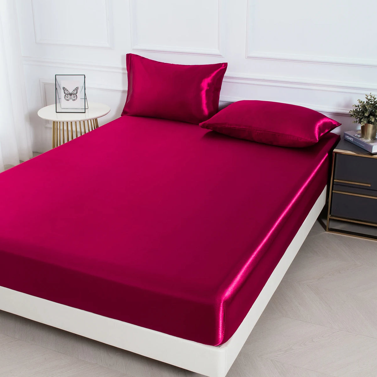 3pc Solid Color Fitted Sheet Set 1 bed sheet with 2 pillow cover Satin Fabric Soft Comfortable Breathble Bedding Set for Bedroom - AliExpress 15