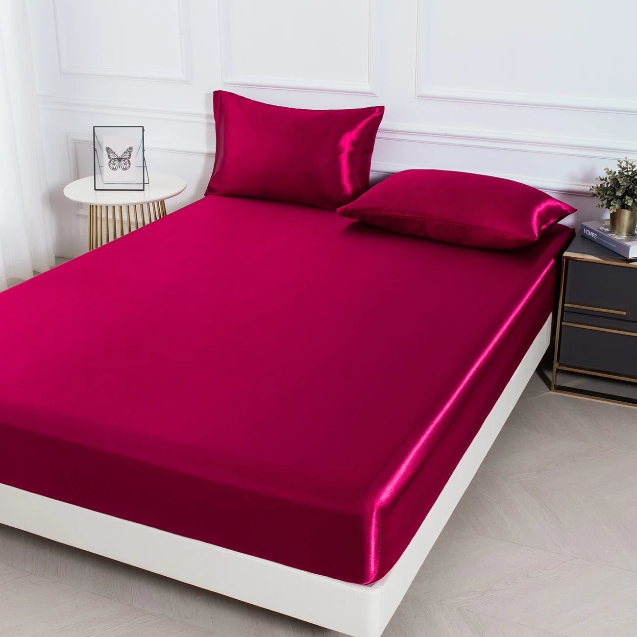 3pc Solid Color Fitted Sheet Set 1 bed sheet with 2 pillow cover Satin Fabric Soft Comfortable Breathble Bedding Set for Bedroom - AliExpress 15