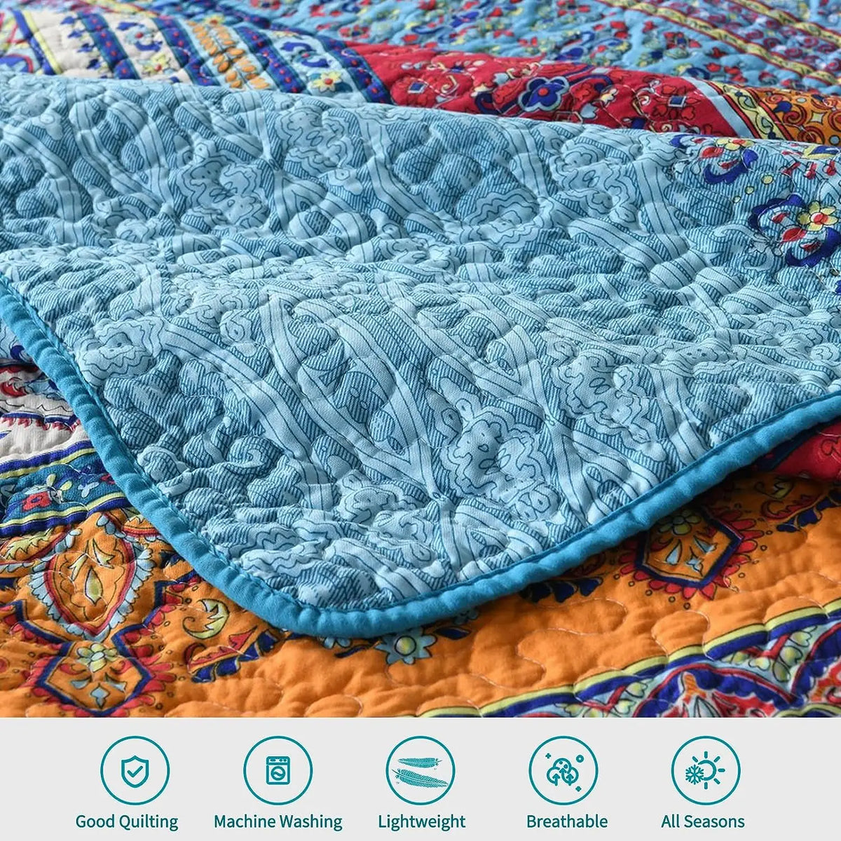 Bohemian Queen Quilt 3 Piece Soft Microfiber Ethnic Style Boho Red and Blue Quilted Throw Bedspreads Reversible Boho Quilt - AliExpress 15