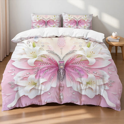 3pcs Pink Purple Bedding Set Blue Fantasy Style Butterfly Print Comfortable King Queen Twin Single Size Bithday Gift for Sister
