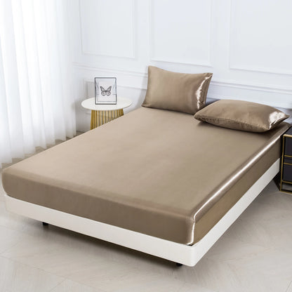 3pc Solid Color Fitted Sheet Set 1 bed sheet with 2 pillow cover Satin Fabric Soft Comfortable Breathble Bedding Set for Bedroom - AliExpress 15