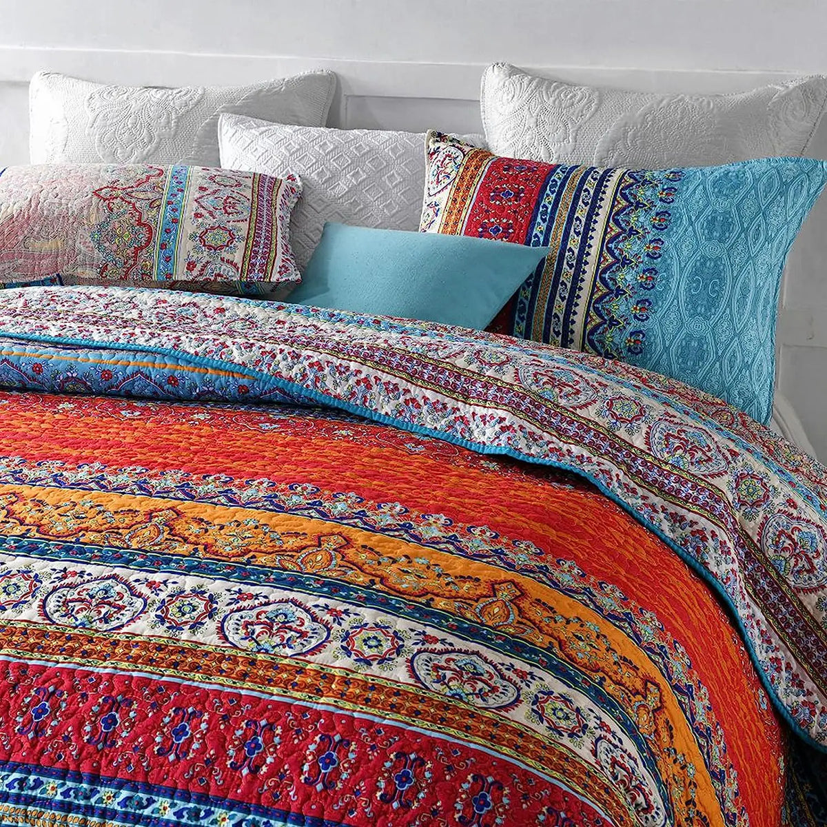 Bohemian Queen Quilt 3 Piece Soft Microfiber Ethnic Style Boho Red and Blue Quilted Throw Bedspreads Reversible Boho Quilt - AliExpress 15