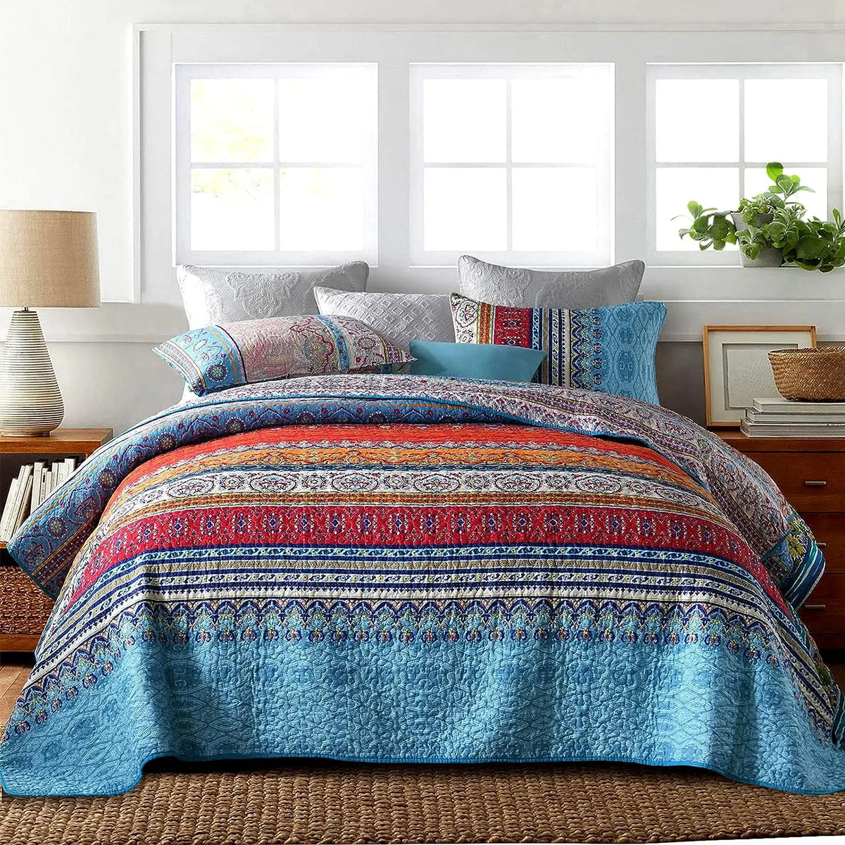 Bohemian Queen Quilt 3 Piece Soft Microfiber Ethnic Style Boho Red and Blue Quilted Throw Bedspreads Reversible Boho Quilt - AliExpress 15