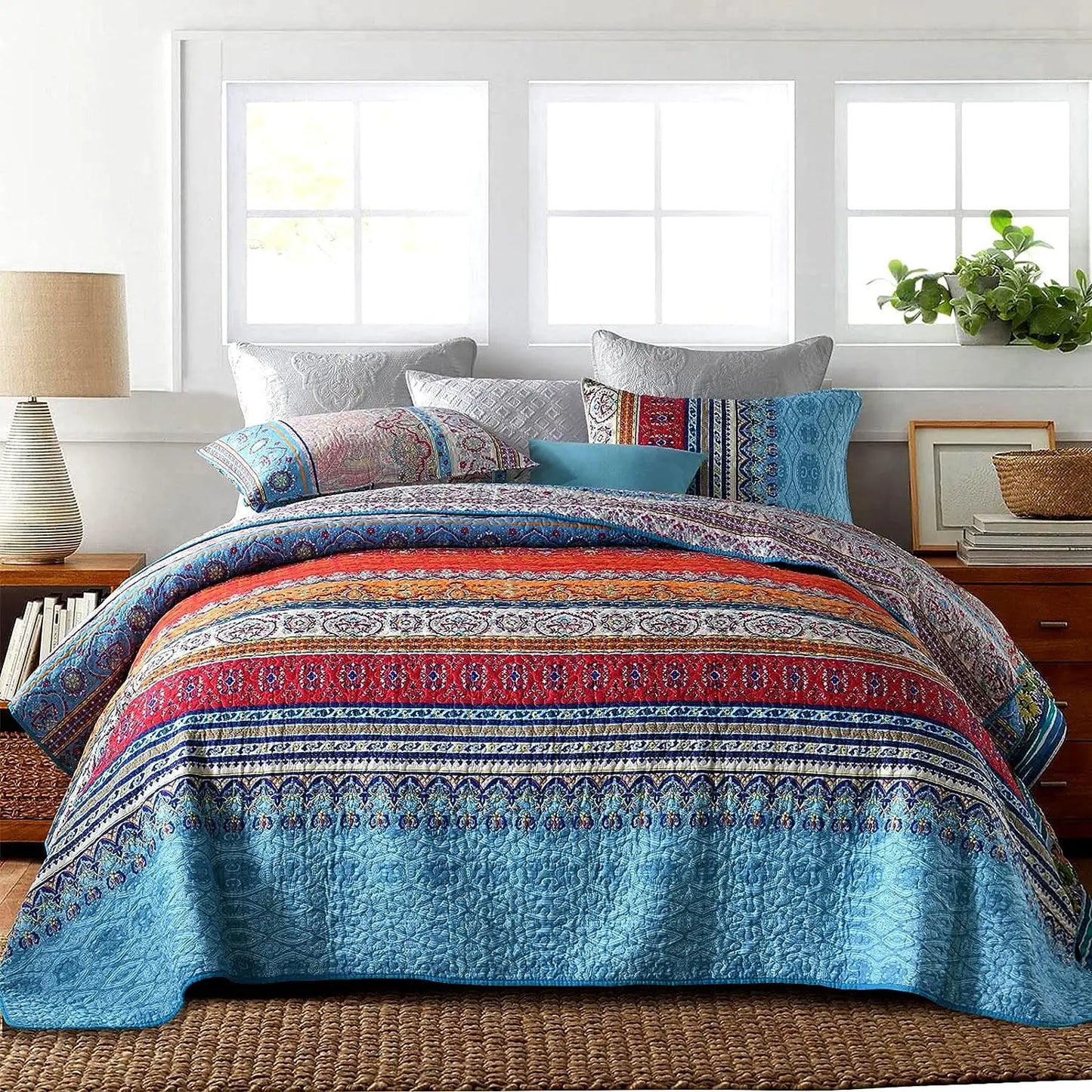 Bohemian Queen Quilt 3 Piece Soft Microfiber Ethnic Style Boho Red and Blue Quilted Throw Bedspreads Reversible Boho Quilt - AliExpress 15