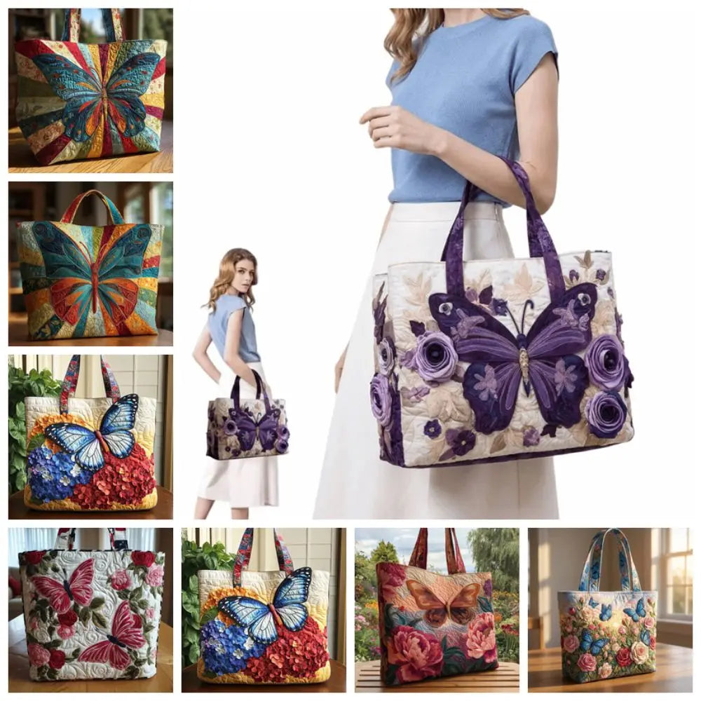 Butterfly Patterns Women Quilted Tote Bag Vintage Lightweight Travel Handbag Large Capacity 3D Printed Patterns Shopping Bag