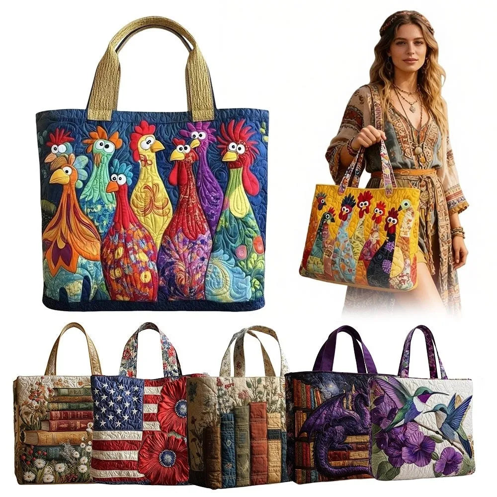 Trendy Vintage Quilted Tote Bag Lightweight 3D Printed Patterns Shoulder Bag Cotton Large Capacity Canvas Bag Casual