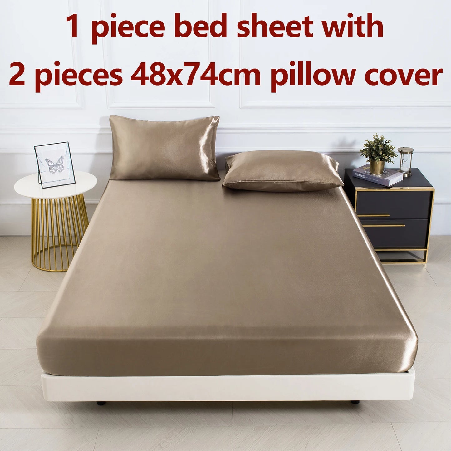3pc Solid Color Fitted Sheet Set 1 bed sheet with 2 pillow cover Satin Fabric Soft Comfortable Breathble Bedding Set for Bedroom - AliExpress 15