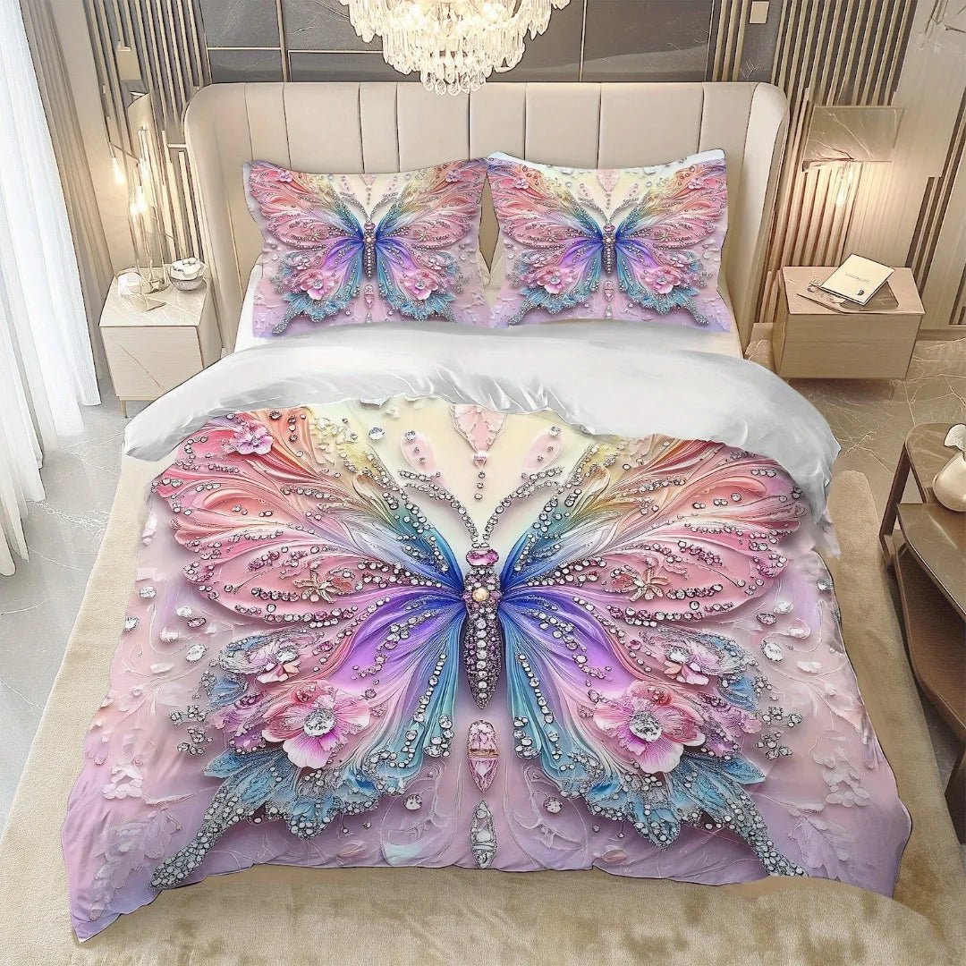 3pcs Pink Purple Bedding Set Blue Fantasy Style Butterfly Print Comfortable King Queen Twin Single Size Bithday Gift for Sister