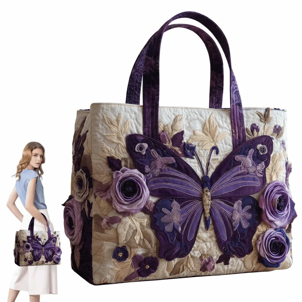 Butterfly Patterns Women Quilted Tote Bag Vintage Lightweight Travel Handbag Large Capacity 3D Printed Patterns Shopping Bag