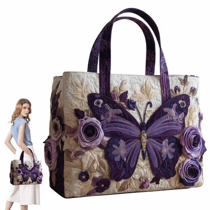 Butterfly Patterns Women Quilted Tote Bag Vintage Lightweight Travel Handbag Large Capacity 3D Printed Patterns Shopping Bag