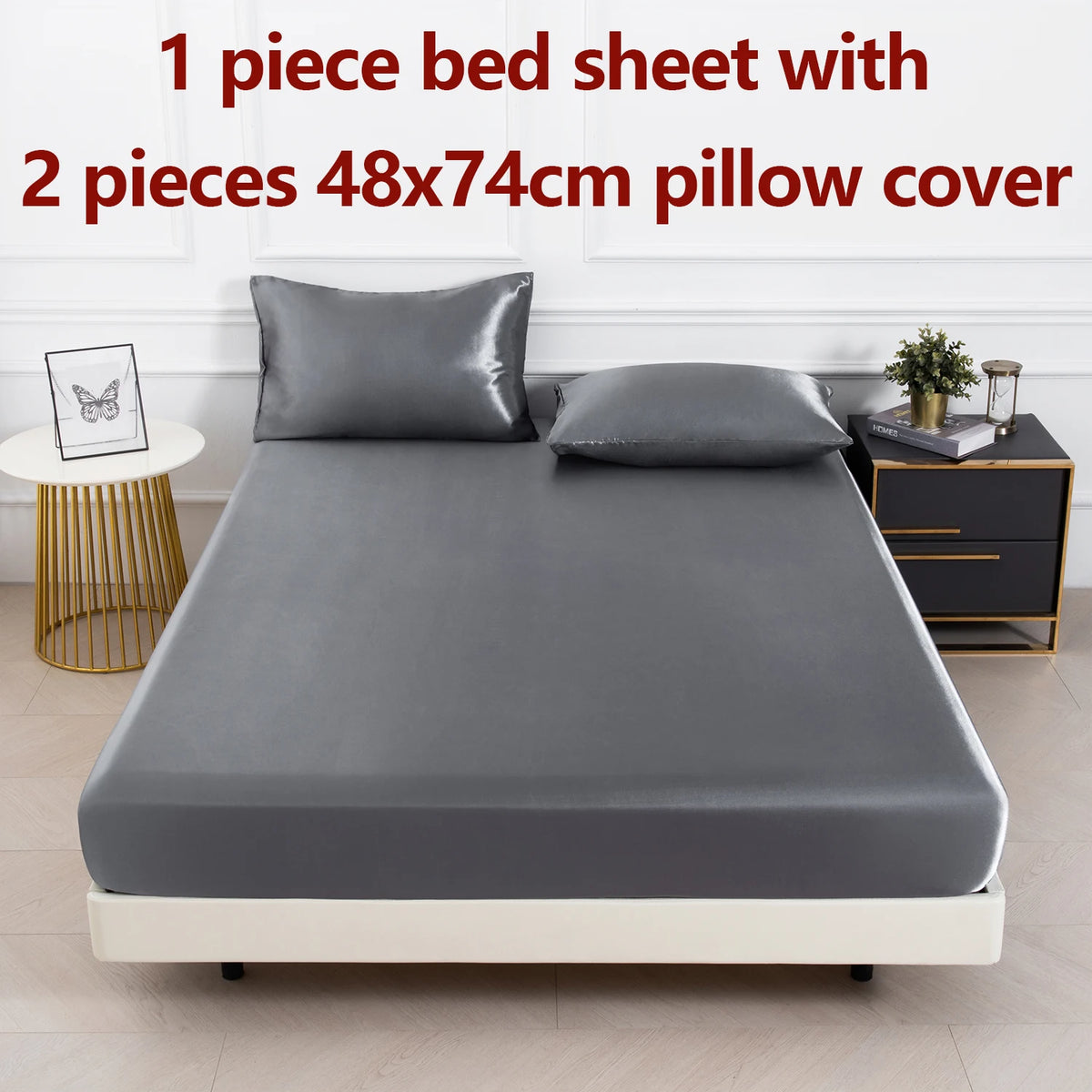 3pc Solid Color Fitted Sheet Set 1 bed sheet with 2 pillow cover Satin Fabric Soft Comfortable Breathble Bedding Set for Bedroom - AliExpress 15