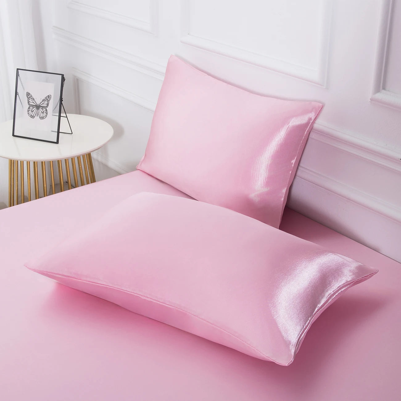3pc Solid Color Fitted Sheet Set 1 bed sheet with 2 pillow cover Satin Fabric Soft Comfortable Breathble Bedding Set for Bedroom - AliExpress 15
