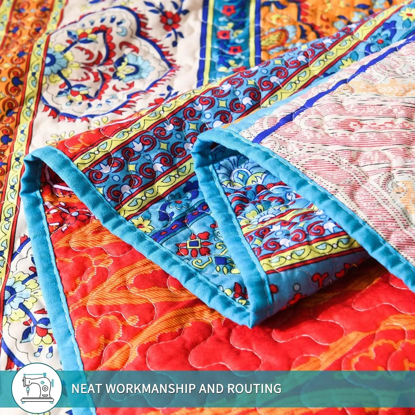 Bohemian Queen Quilt 3 Piece Soft Microfiber Ethnic Style Boho Red and Blue Quilted Throw Bedspreads Reversible Boho Quilt - AliExpress 15