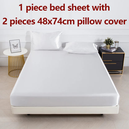 3pc Solid Color Fitted Sheet Set 1 bed sheet with 2 pillow cover Satin Fabric Soft Comfortable Breathble Bedding Set for Bedroom - AliExpress 15