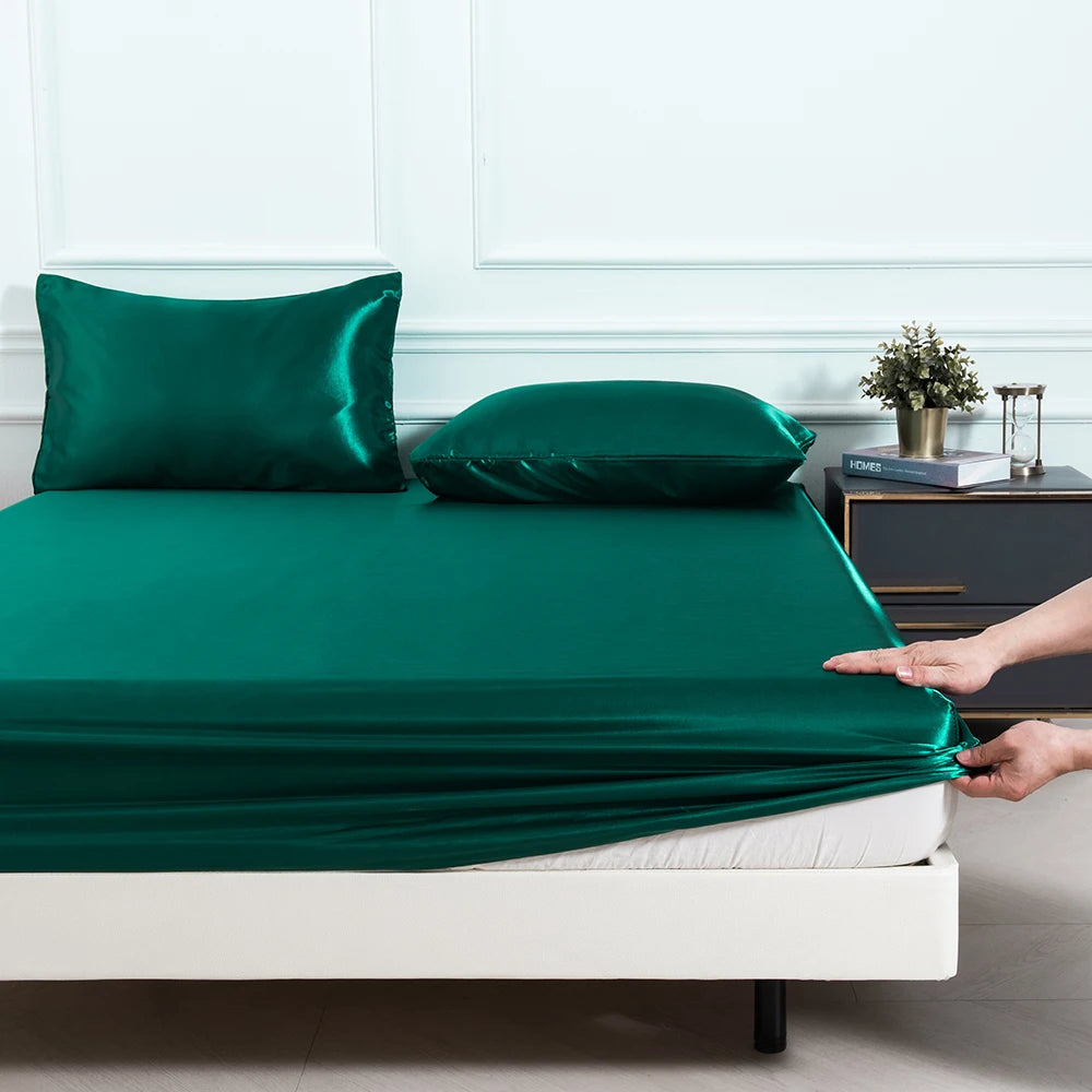 3pc Solid Color Fitted Sheet Set 1 bed sheet with 2 pillow cover Satin Fabric Soft Comfortable Breathble Bedding Set for Bedroom - AliExpress 15