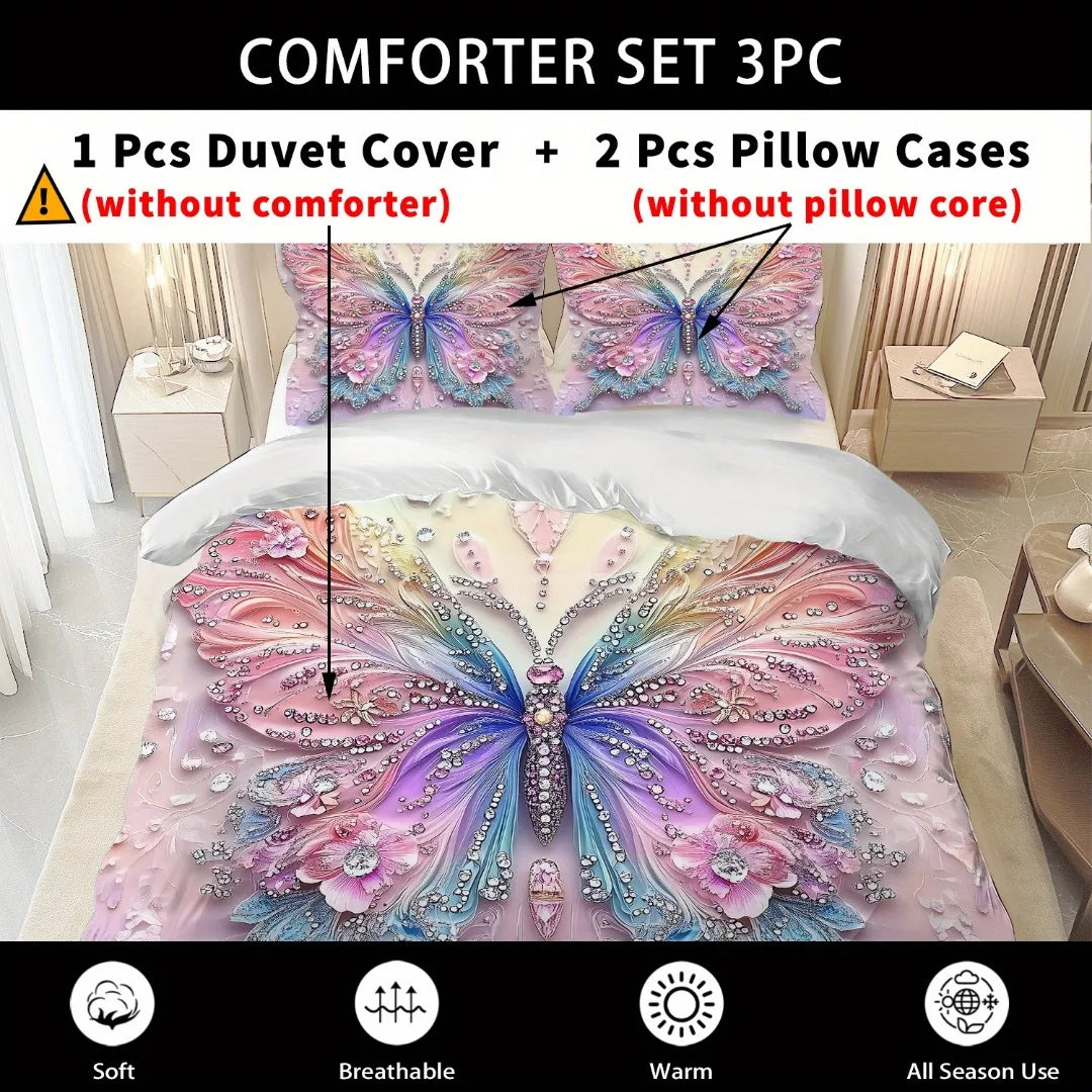 3pcs Pink Purple Bedding Set Blue Fantasy Style Butterfly Print Comfortable King Queen Twin Single Size Bithday Gift for Sister