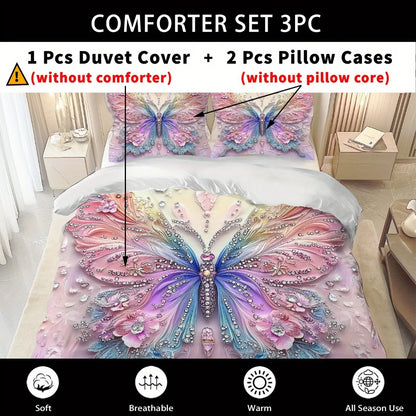 3pcs Pink Purple Bedding Set Blue Fantasy Style Butterfly Print Comfortable King Queen Twin Single Size Bithday Gift for Sister