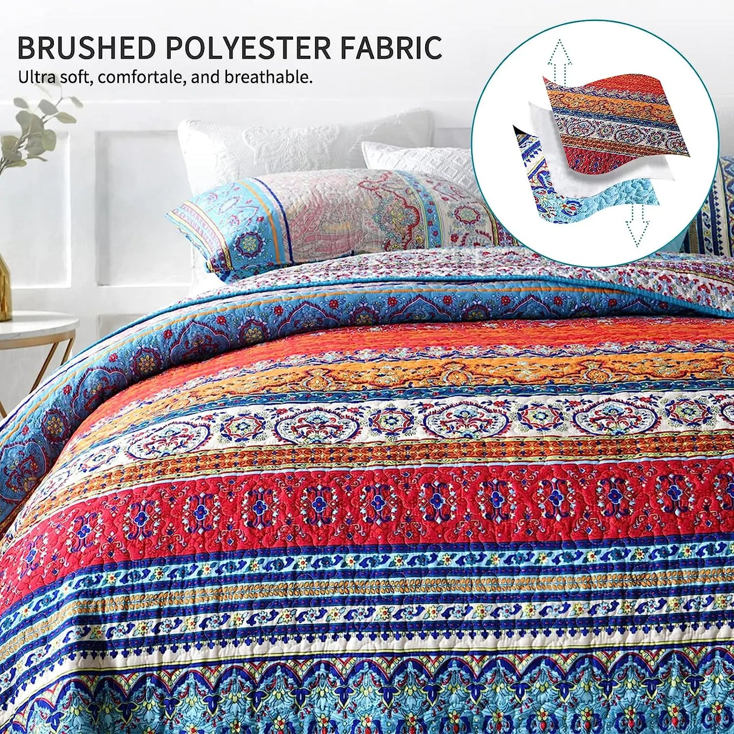 Bohemian Queen Quilt 3 Piece Soft Microfiber Ethnic Style Boho Red and Blue Quilted Throw Bedspreads Reversible Boho Quilt - AliExpress 15