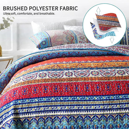 Bohemian Queen Quilt 3 Piece Soft Microfiber Ethnic Style Boho Red and Blue Quilted Throw Bedspreads Reversible Boho Quilt - AliExpress 15