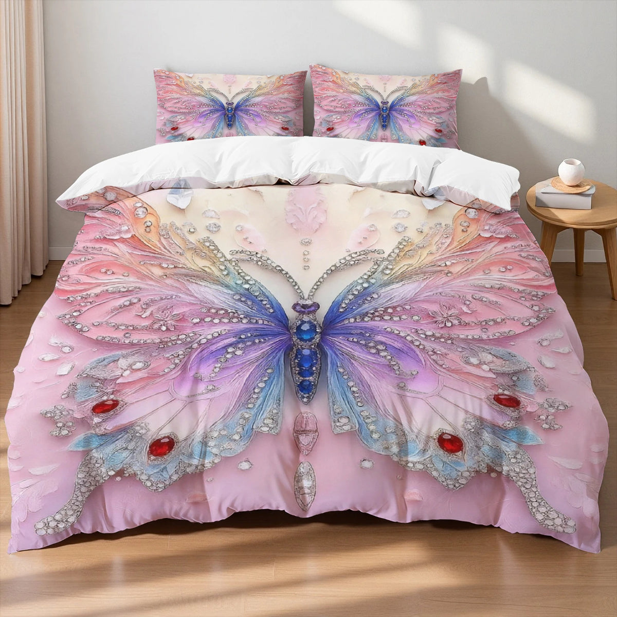 3pcs Pink Purple Bedding Set Blue Fantasy Style Butterfly Print Comfortable King Queen Twin Single Size Bithday Gift for Sister