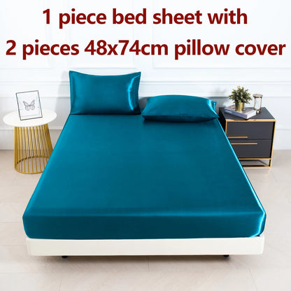 3pc Solid Color Fitted Sheet Set 1 bed sheet with 2 pillow cover Satin Fabric Soft Comfortable Breathble Bedding Set for Bedroom - AliExpress 15