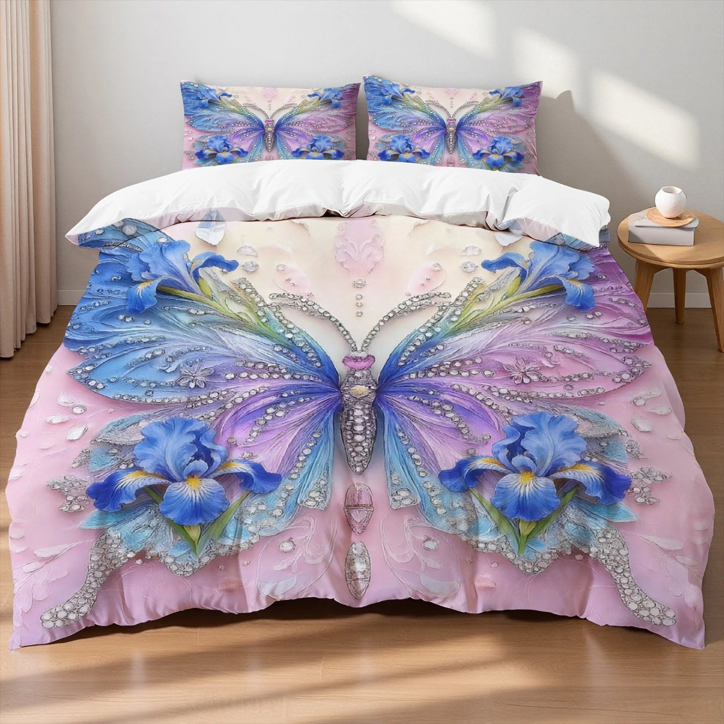 3pcs Pink Purple Bedding Set Blue Fantasy Style Butterfly Print Comfortable King Queen Twin Single Size Bithday Gift for Sister