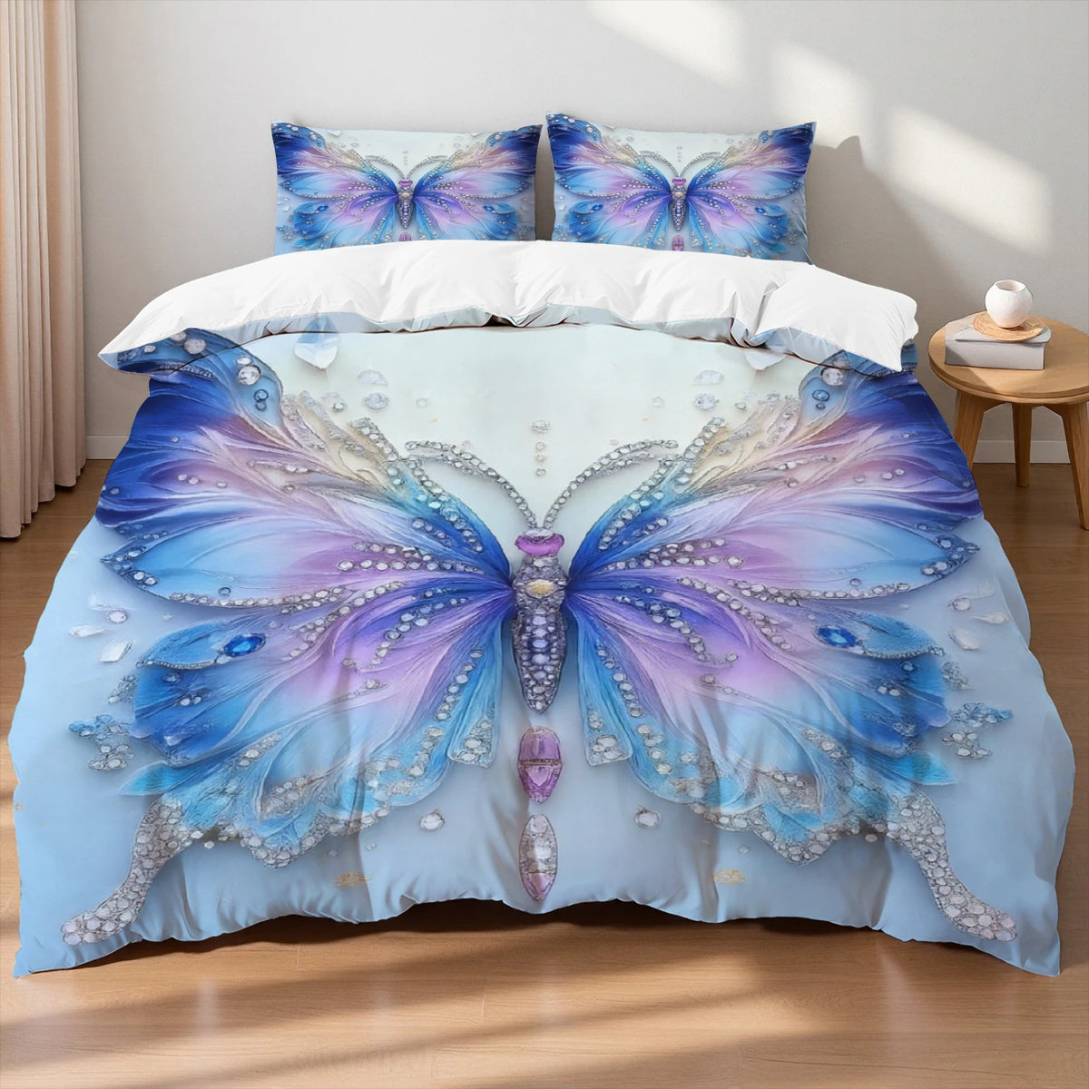 3pcs Pink Purple Bedding Set Blue Fantasy Style Butterfly Print Comfortable King Queen Twin Single Size Bithday Gift for Sister