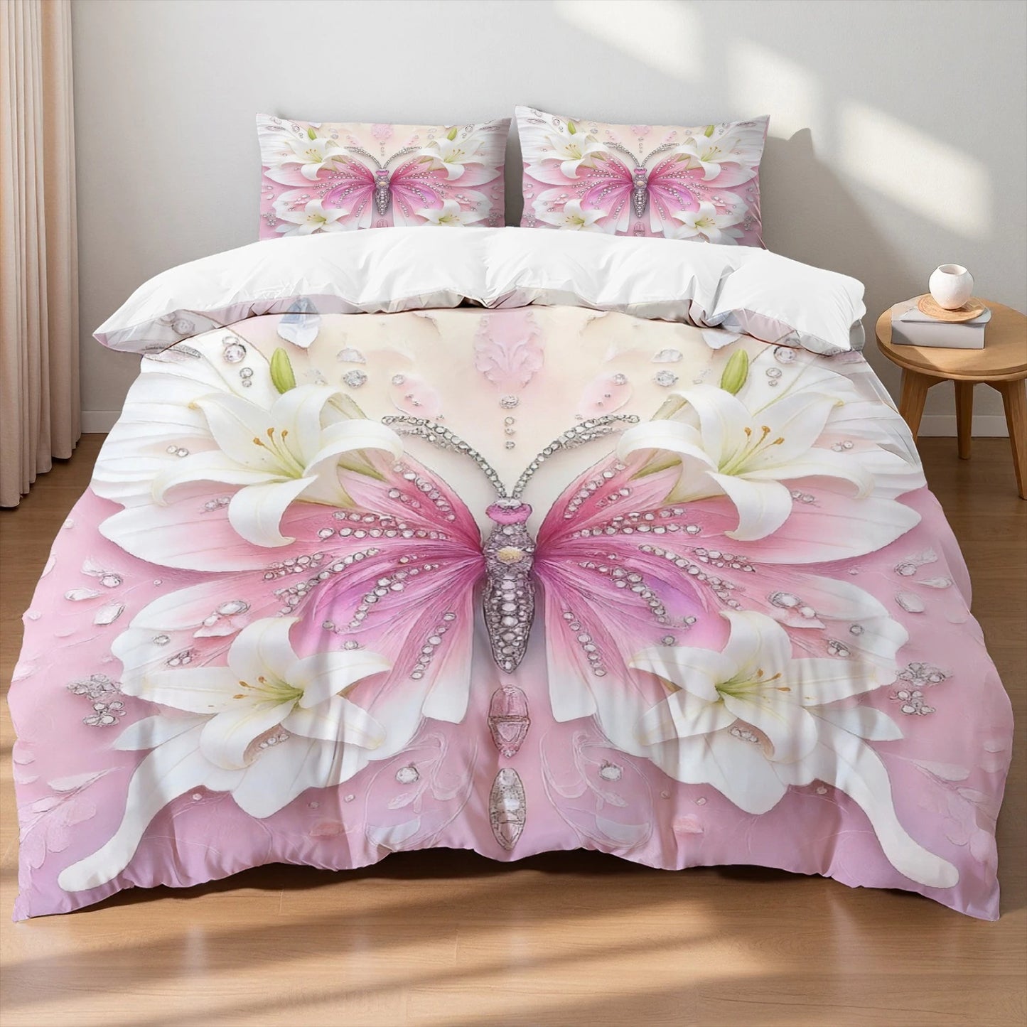 3pcs Pink Purple Bedding Set Blue Fantasy Style Butterfly Print Comfortable King Queen Twin Single Size Bithday Gift for Sister