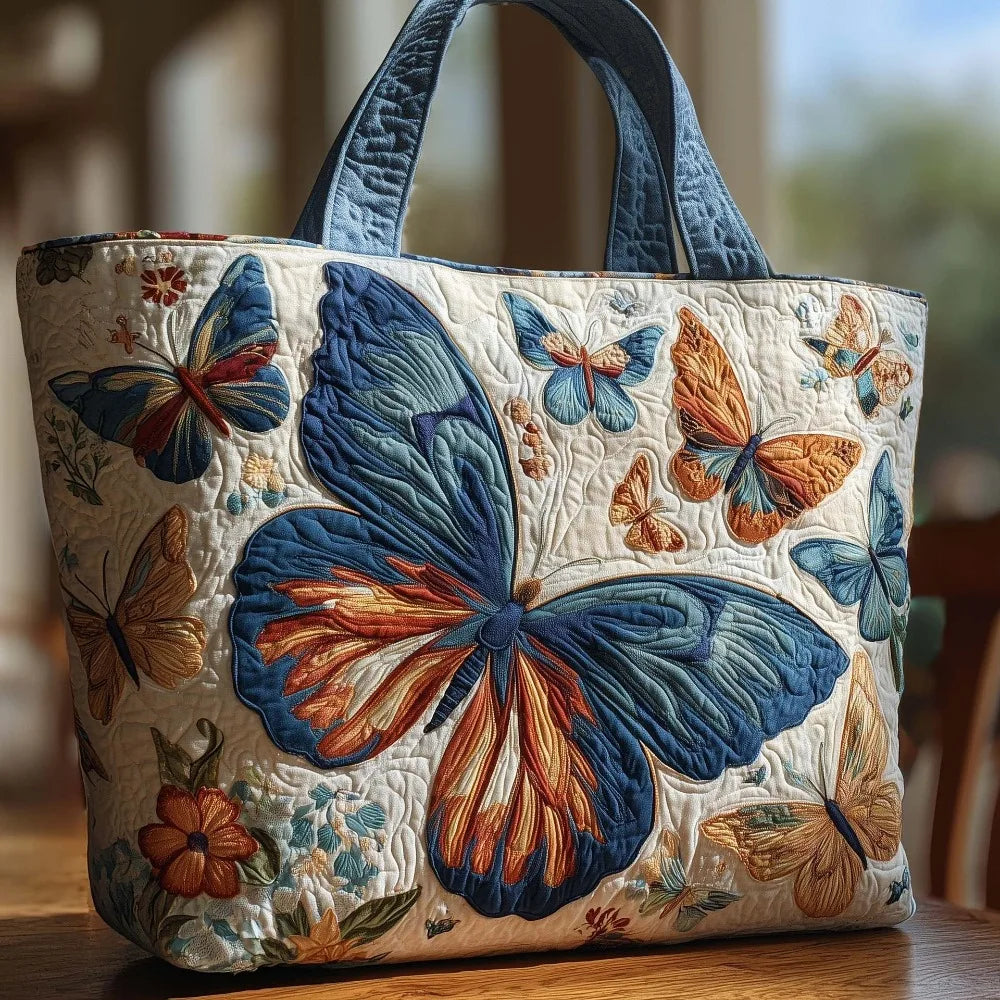 Butterfly Patterns Women Quilted Tote Bag Vintage Lightweight Travel Handbag Large Capacity 3D Printed Patterns Shopping Bag