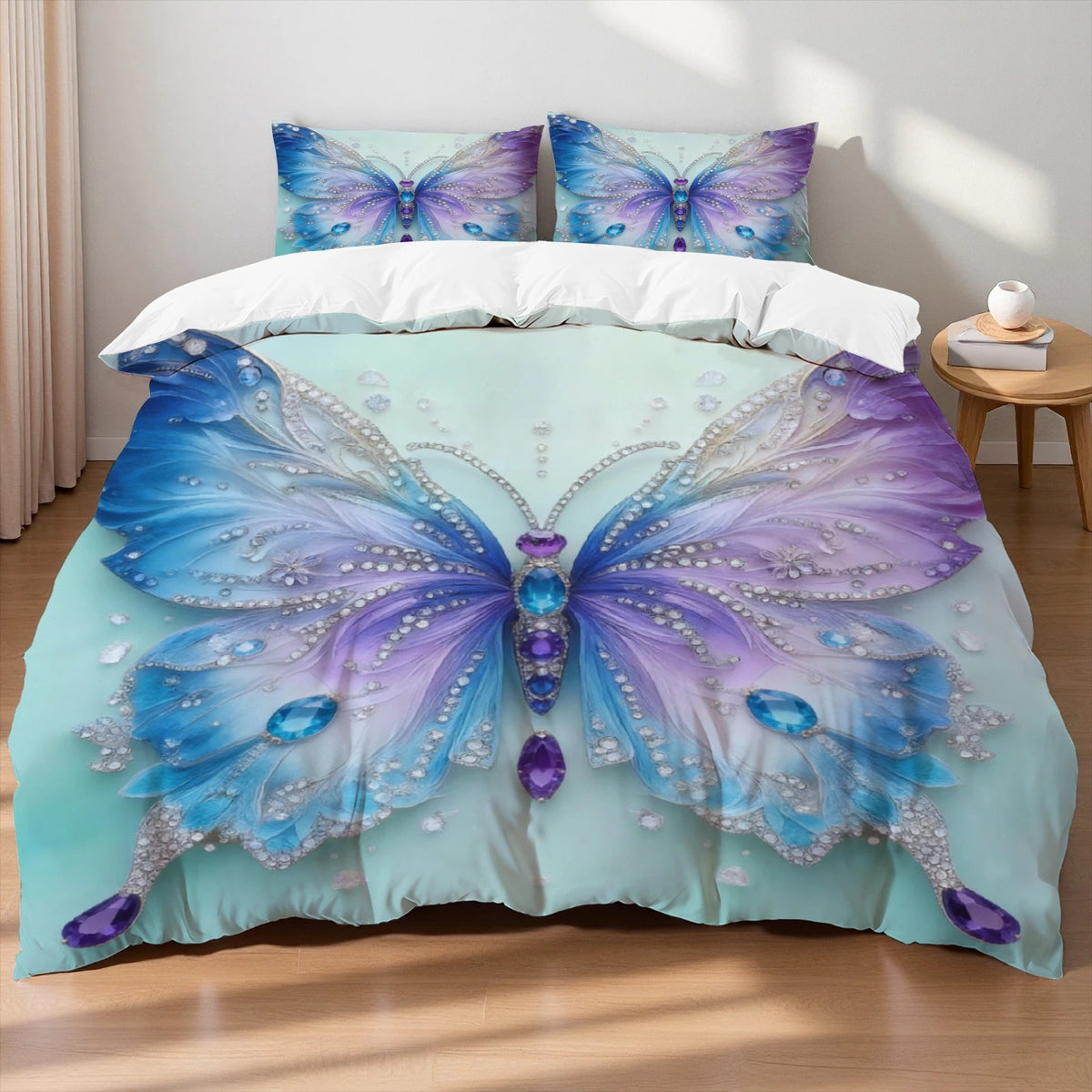 3pcs Pink Purple Bedding Set Blue Fantasy Style Butterfly Print Comfortable King Queen Twin Single Size Bithday Gift for Sister